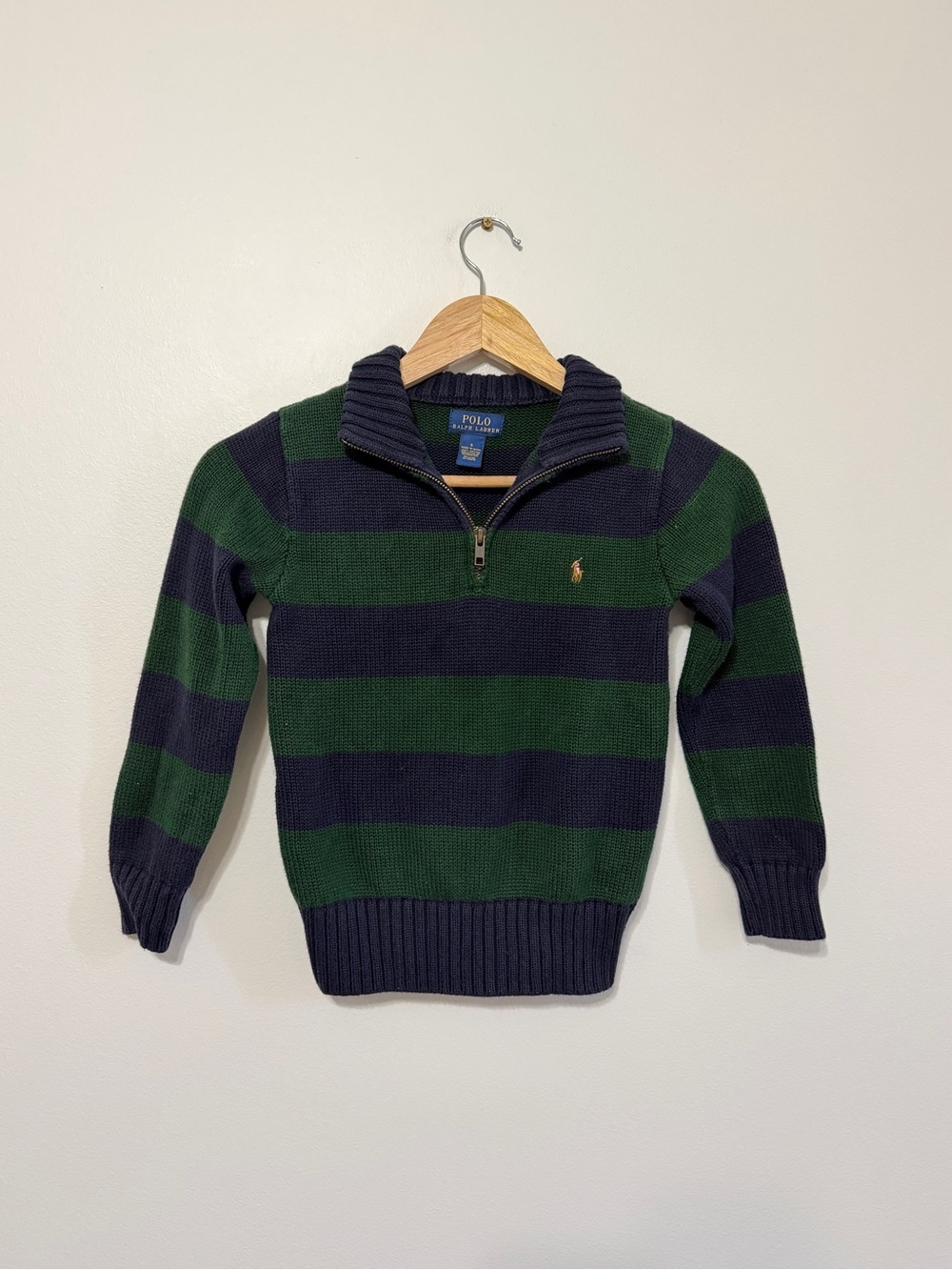 Polo Ralph Lauren Boy’s green and navy blue striped quarter-zip sweater Size 6